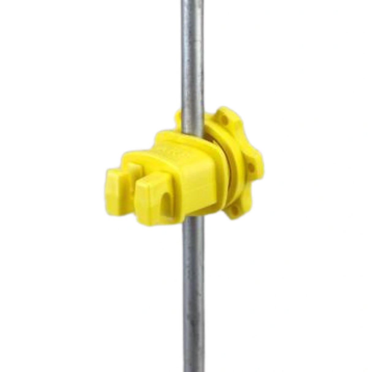 Close-up of Patriot Electric Fence Insulators Round Post Screw-Type installed on a round post