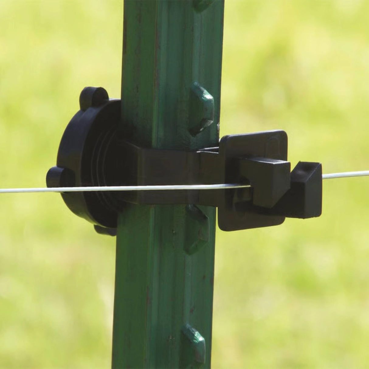 Patriot Electric Fence Insulators T-Post Screw On holding electric fence wire in place, in the outdoors of Kamloops, British Colombia