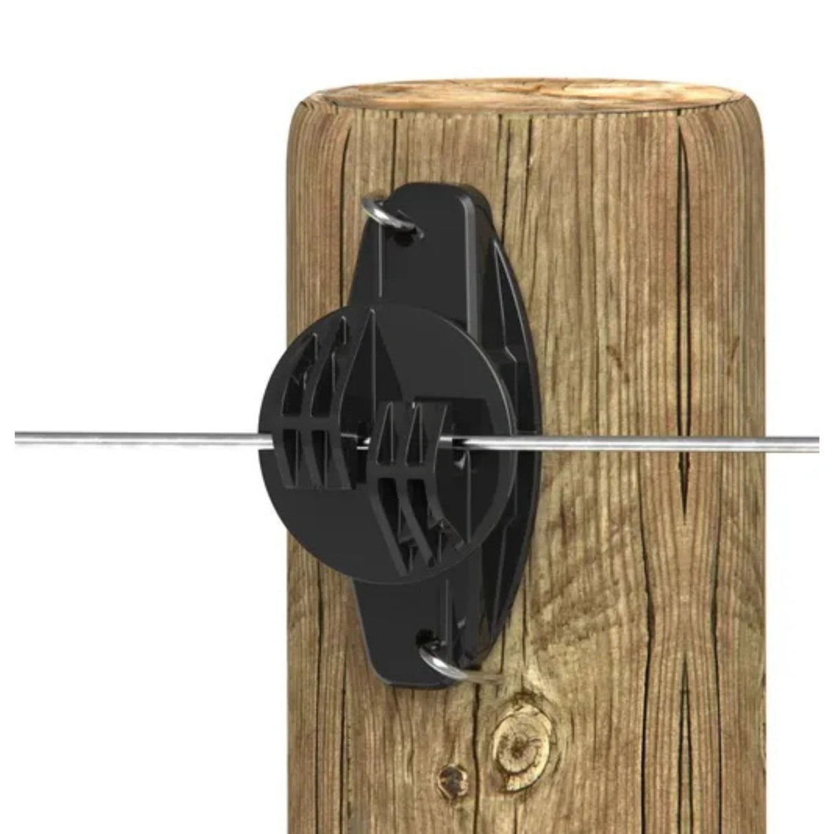 Gallagher Electric Fence Insulators securely holding wire on a wooden fence post in use with electric fence wiring