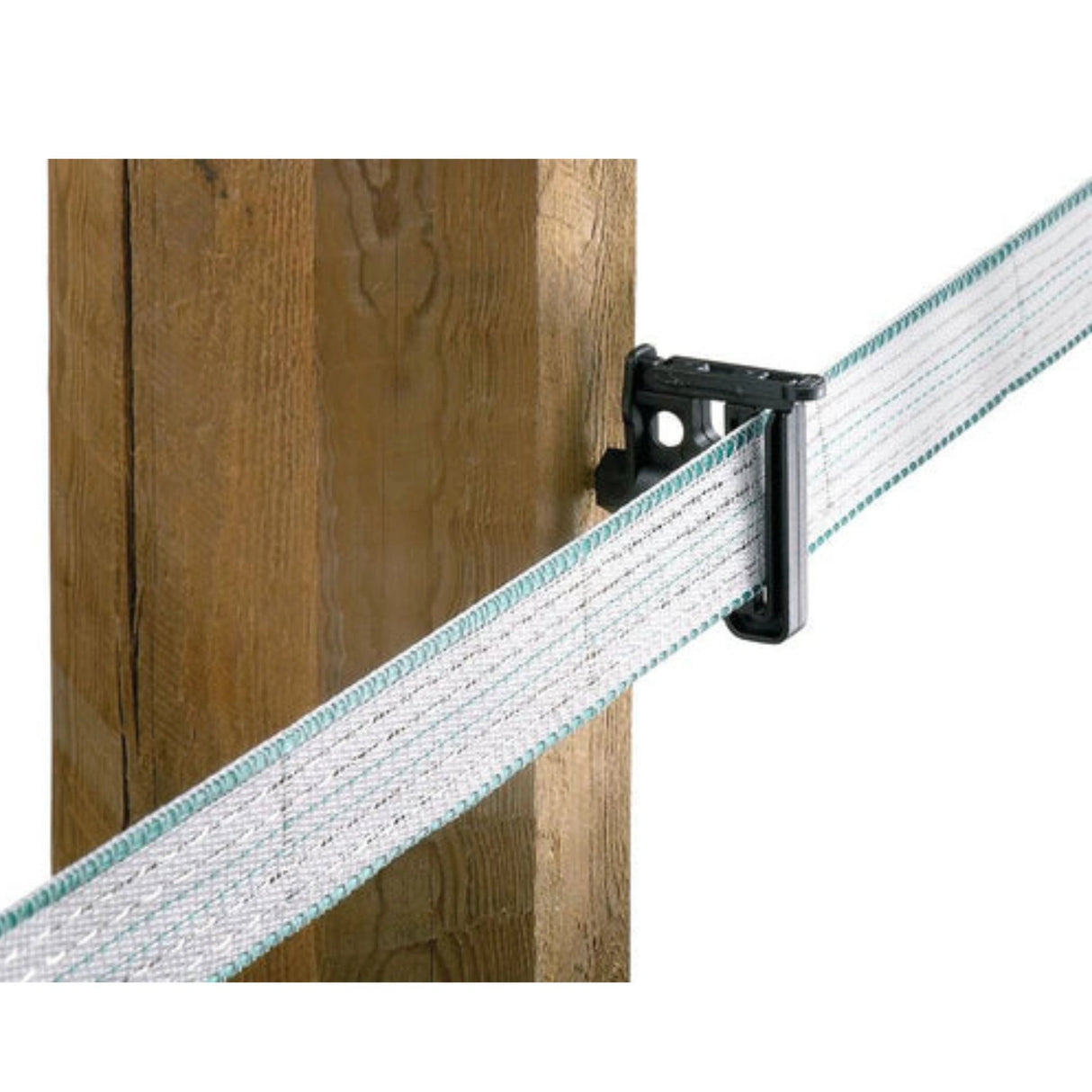 Corral Electric Fence Insulators Wood Post Clip Maxi Tape installed on wooden fence post securing a tape fence