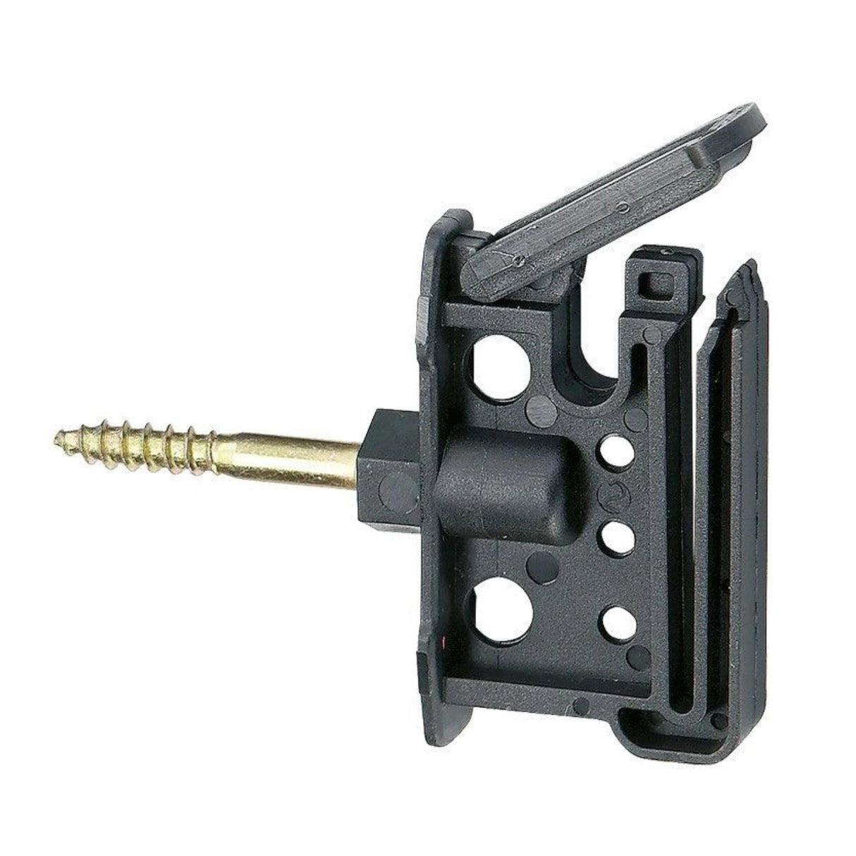 Close-up side view of Corral Electric Fence Insulators Wood Post Clip Maxi Tape on a white background