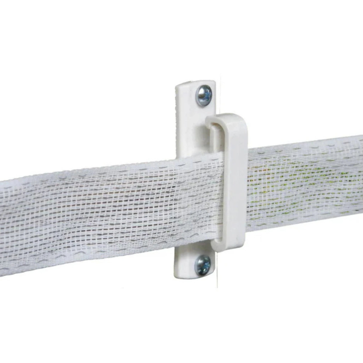 Patriot Electric Fence Insulators for Wood Post Wide Polytape in action, holding polytape securely