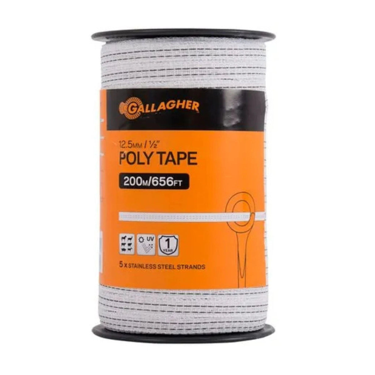 Gallagher Electric Fencing 12.5mm Poly Tape White 200M front view on a clean white background