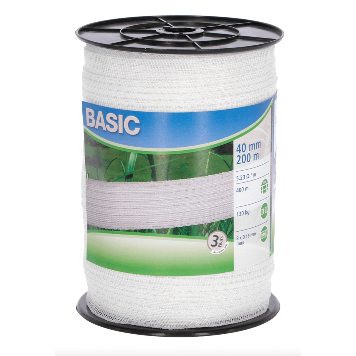 Close-up front view of Corral Electric Fence Tape 40mm x 200m against a white backdrop