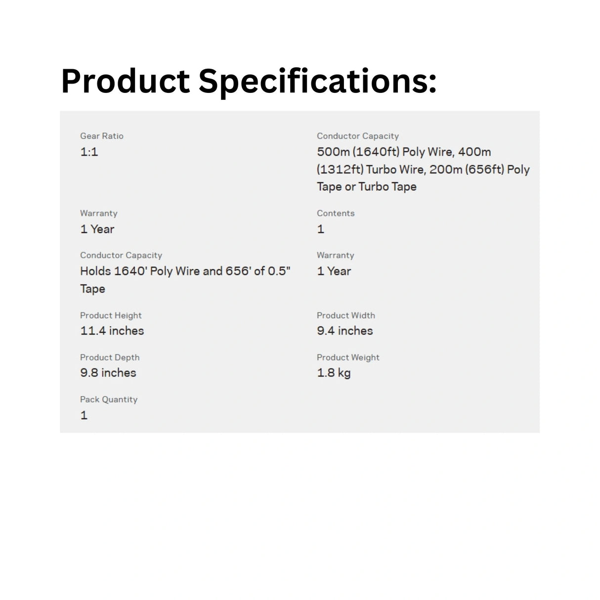 Product specifications of Gallagher Electric Fencing Economy Reel