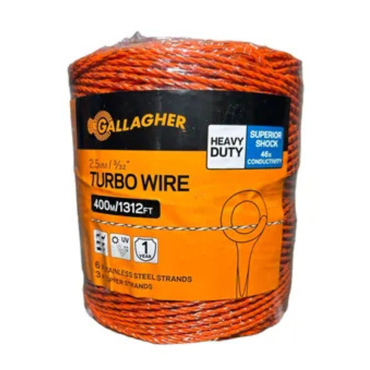 A front view of Gallagher Electric Fencing Orange Turbo Wire 9 Strand 400 Metre Roll on a white background