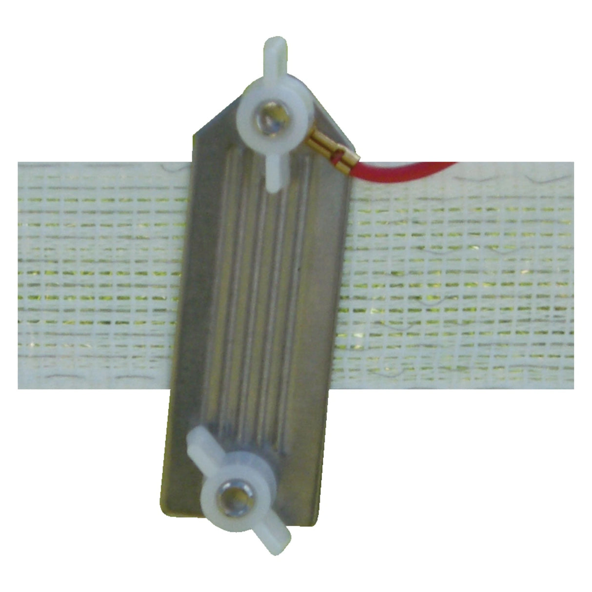 Front view of Patriot Electric Fencing Wide Tape to Energizer Connector on a white background