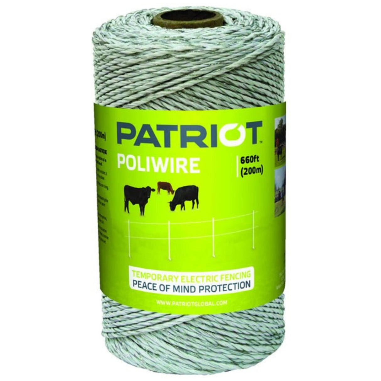 A close-up view of Patriot Electric Fencing Wire Poliwire White 660ft Stainless Steel Conductors on a white background