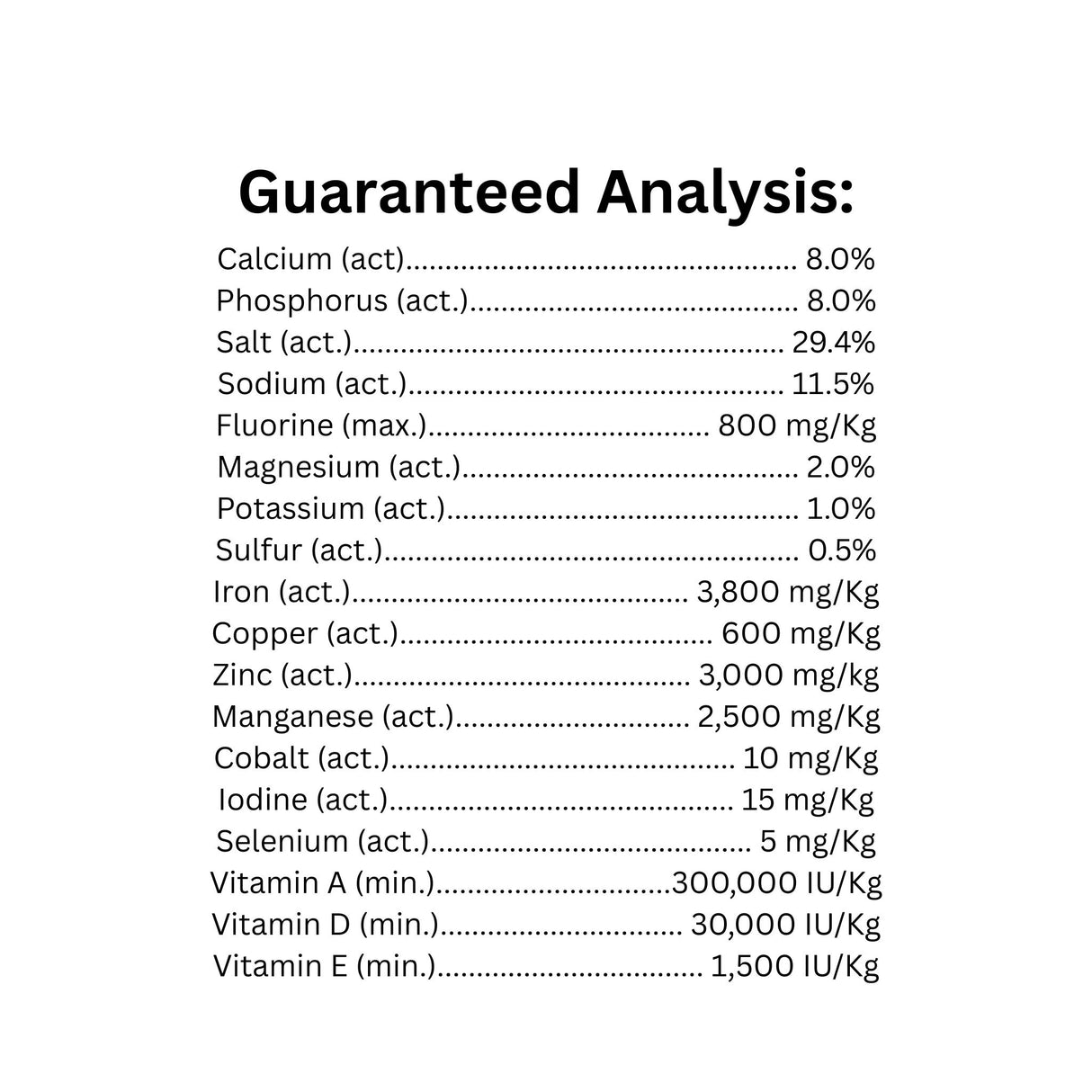 Guaranteed analysis label of Equest Agri-Blok 8:8 Salt Mineral Mini-Pak horse feed