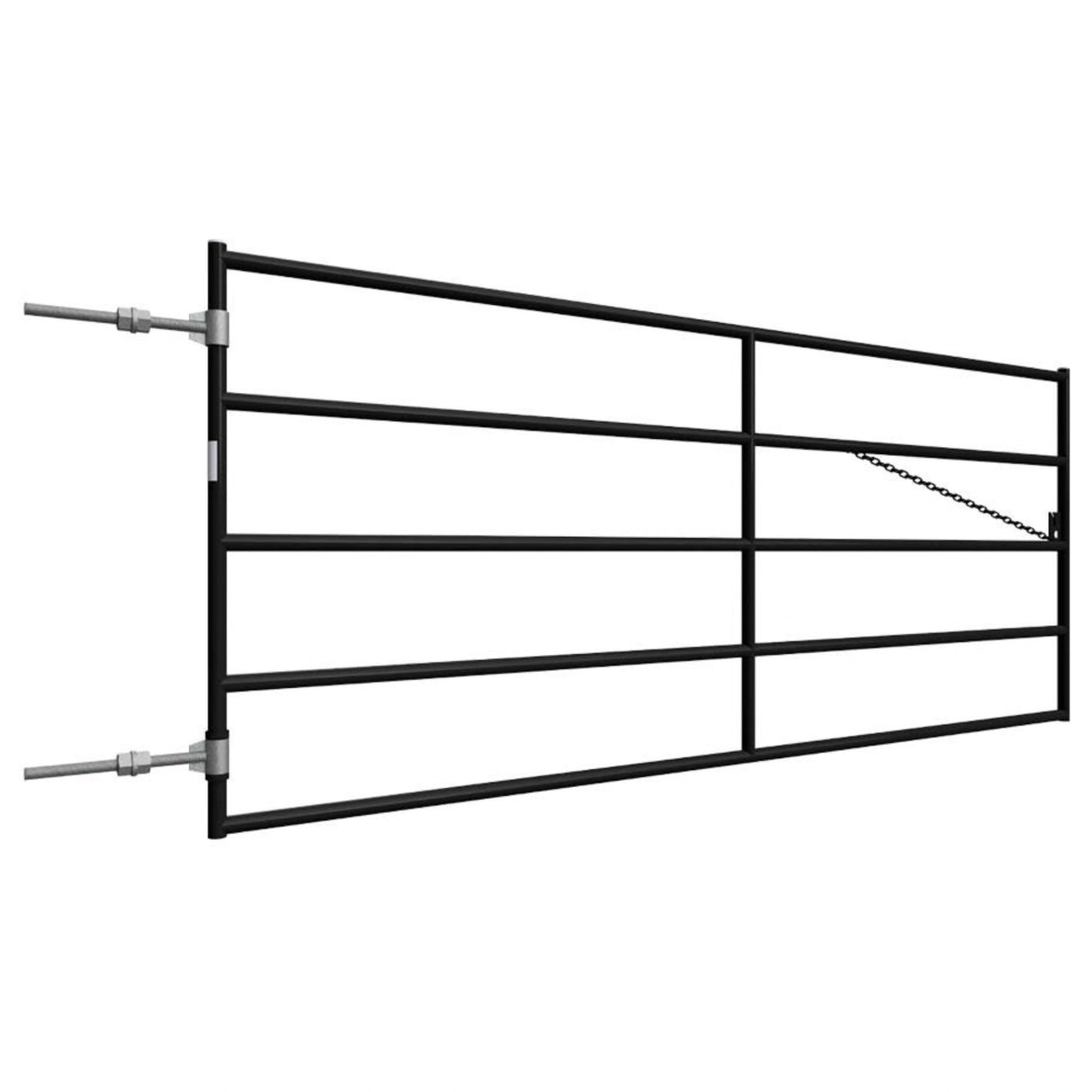 An angled side view of Heavy Duty Corral Farm Gate, 5 Rail Pipe, 2W 400 Series on a white background