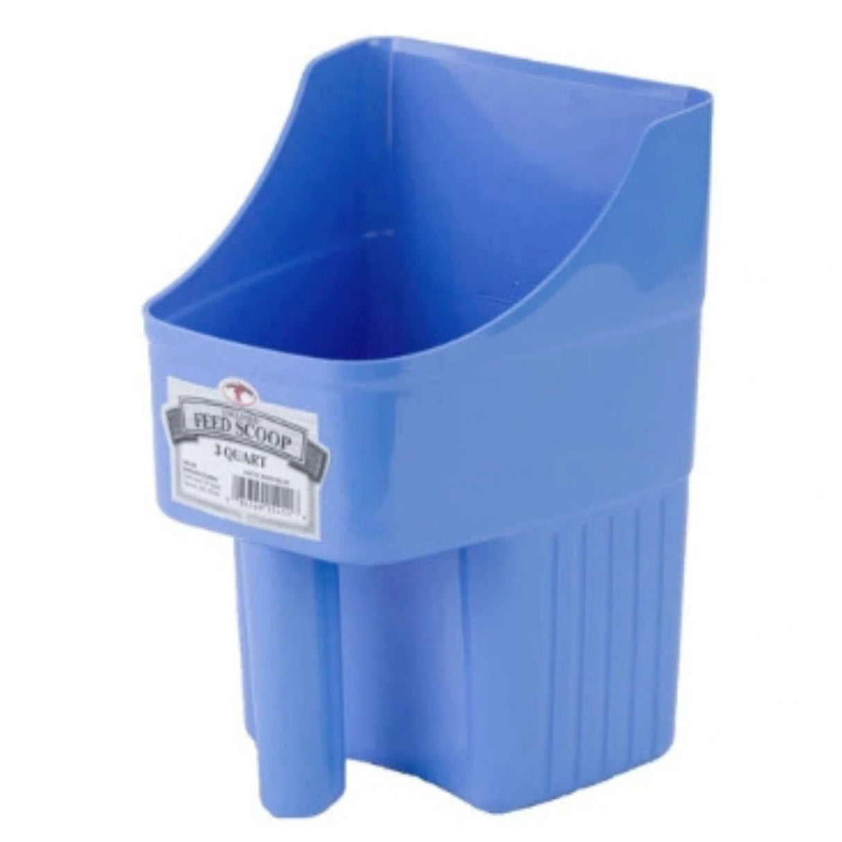 A front side view of Berry Blue 3 Quart Plastic Enclosed Scoops on a white background