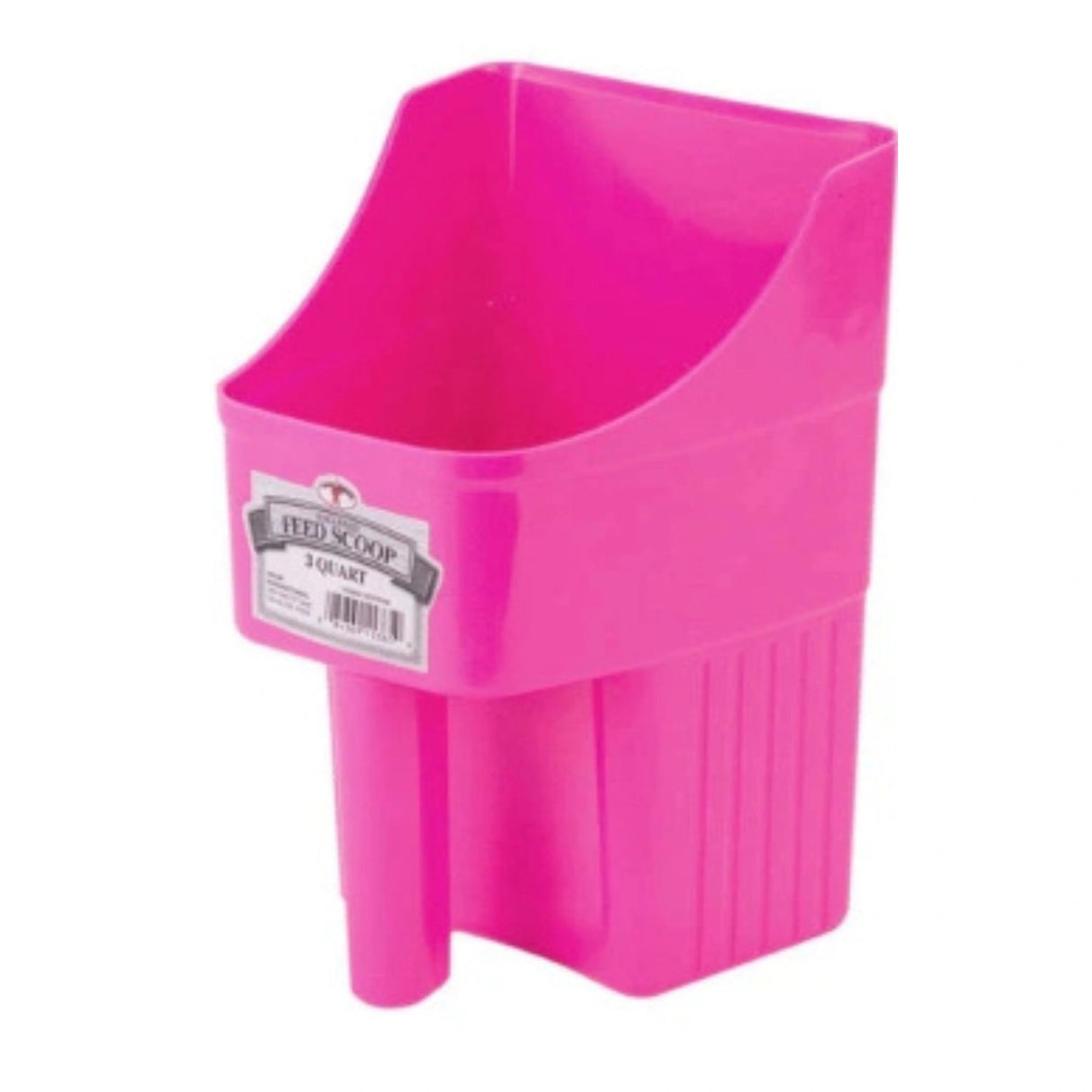 A front side view of Hot Pink 3 Quart Plastic Enclosed Scoops on a white background