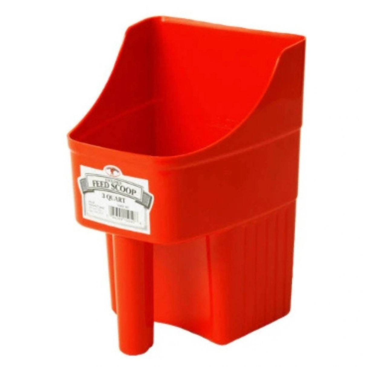 A front side view of Red 3 Quart Plastic Enclosed Scoops on a white background