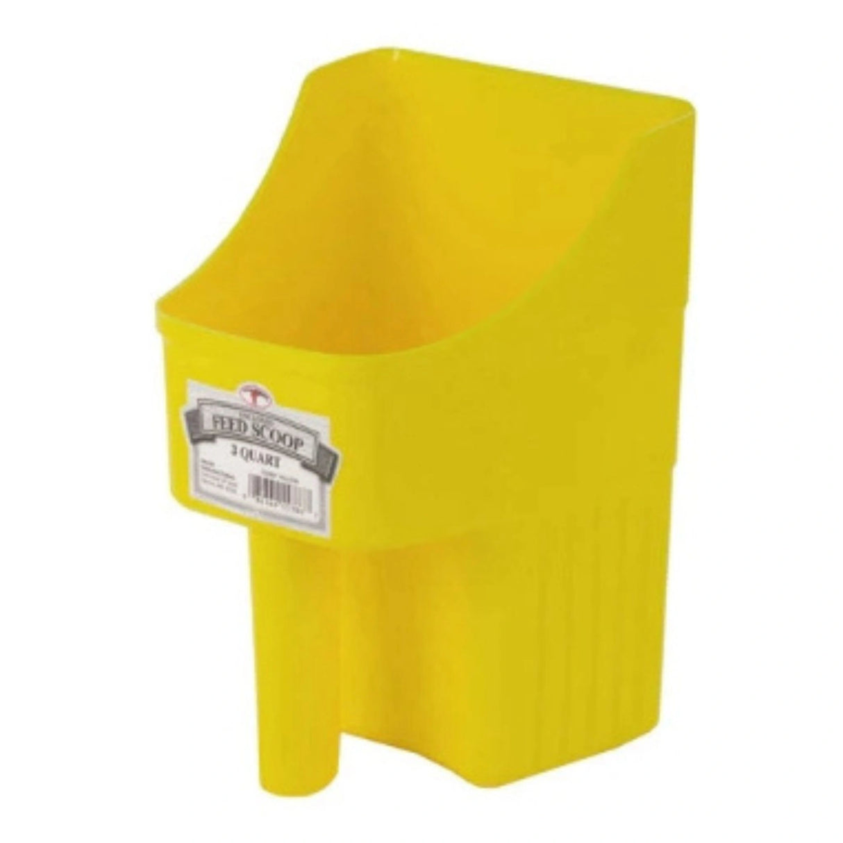 A front side view of Yellow 3 Quart Plastic Enclosed Scoops on a white background