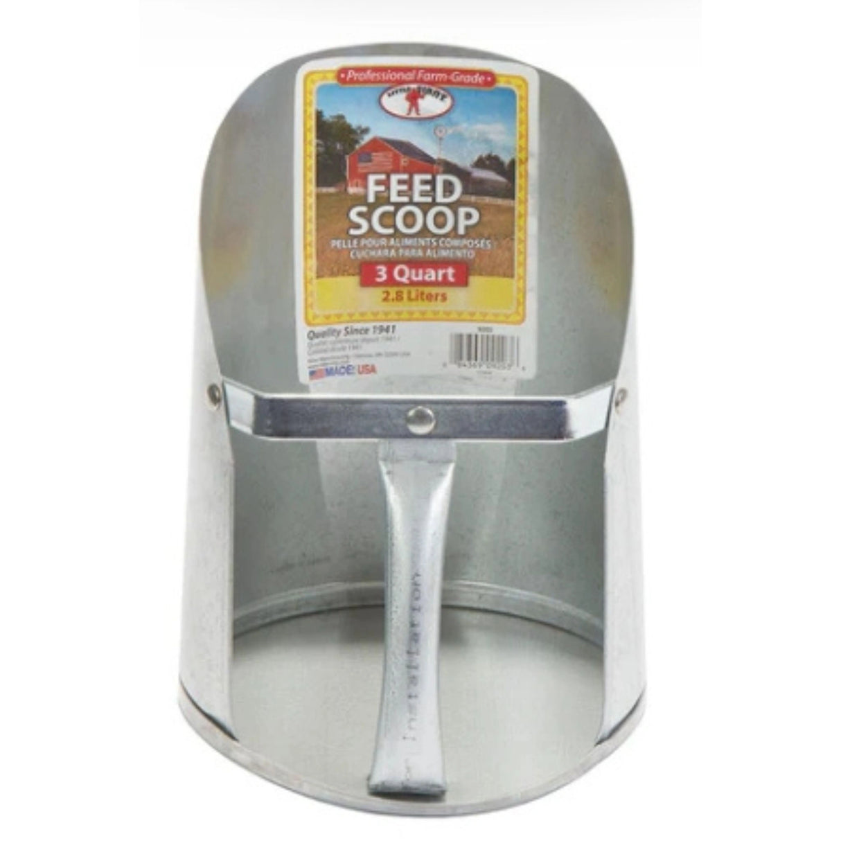 A front view of a 3 Quart Galvanized Feed Scoop on a white background