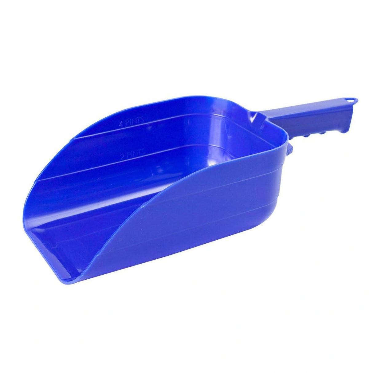 A front side view of Blue 5 Pint Plastic Utility Scoop on a white background