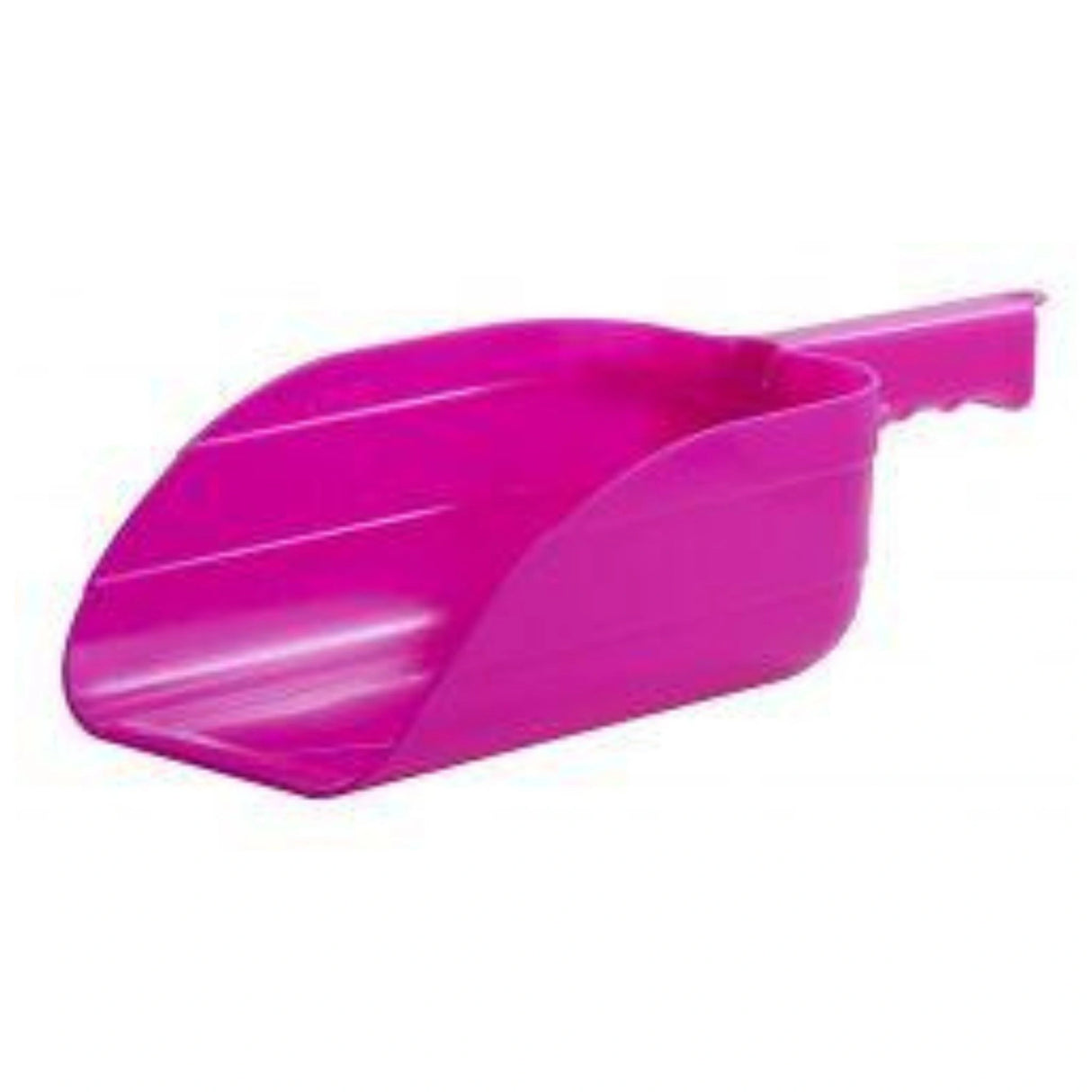 A front side view of Hot Pink 5 Pint Plastic Utility Scoop on a white background