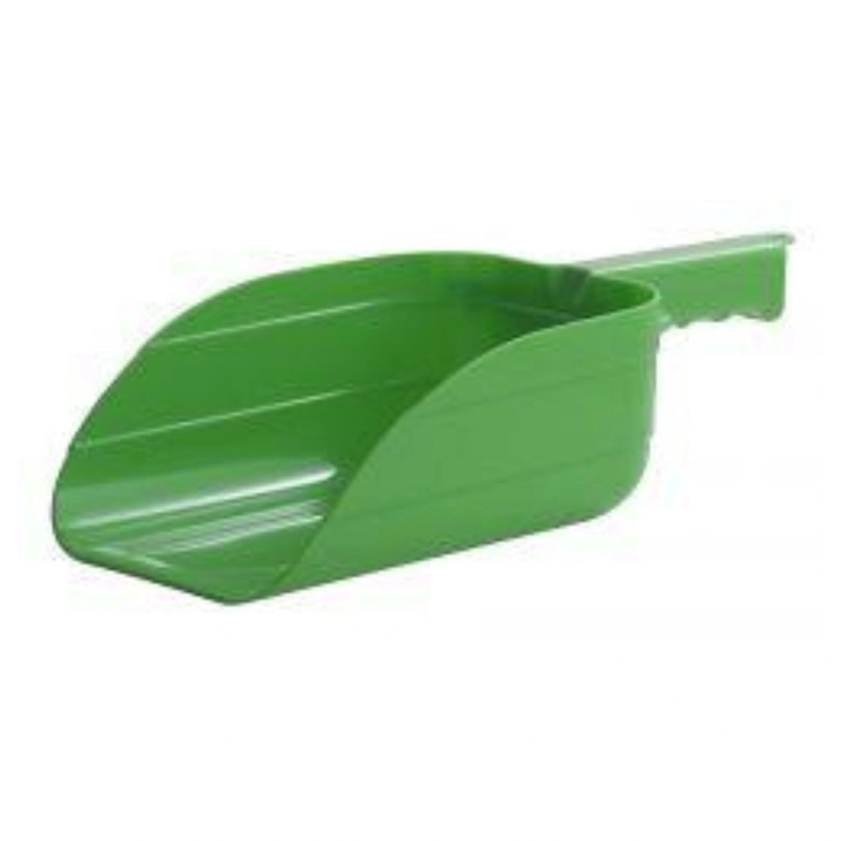 A front side view of Lime Green 5 Pint Plastic Utility Scoop on a white background