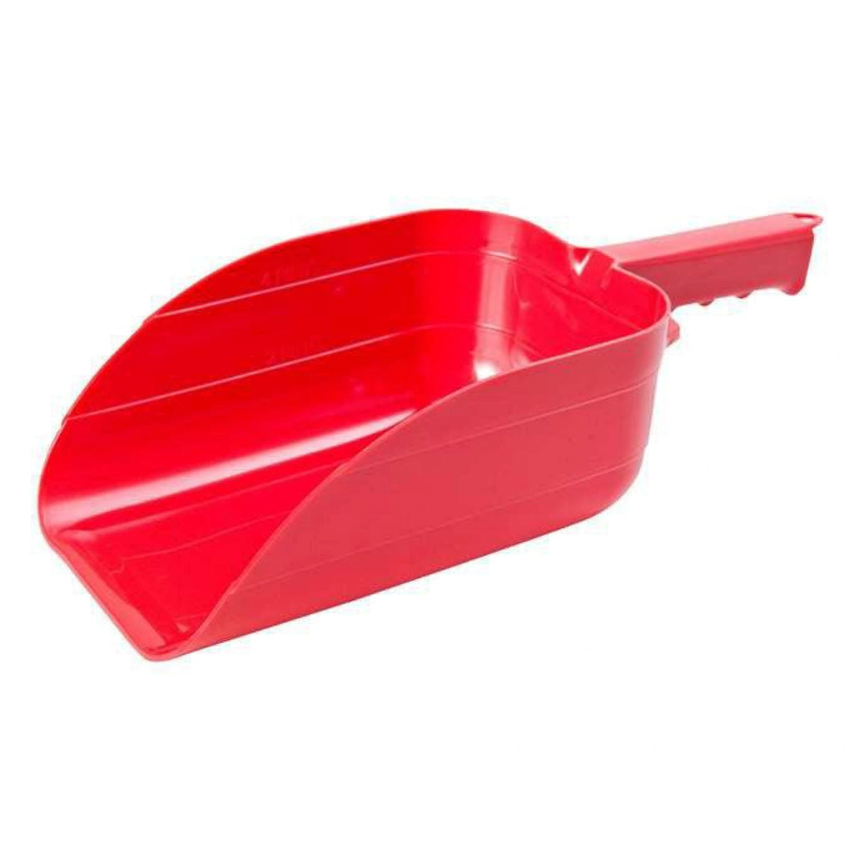 A front side view of Red 5 Pint Plastic Utility Scoop on a white background