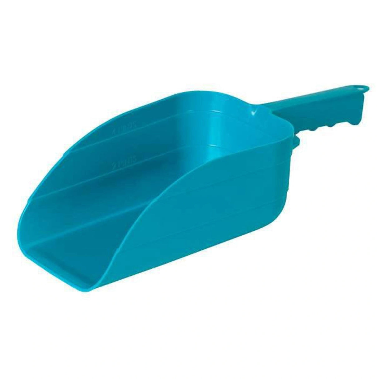 A front side view of Teal 5 Pint Plastic Utility Scoop on a white background