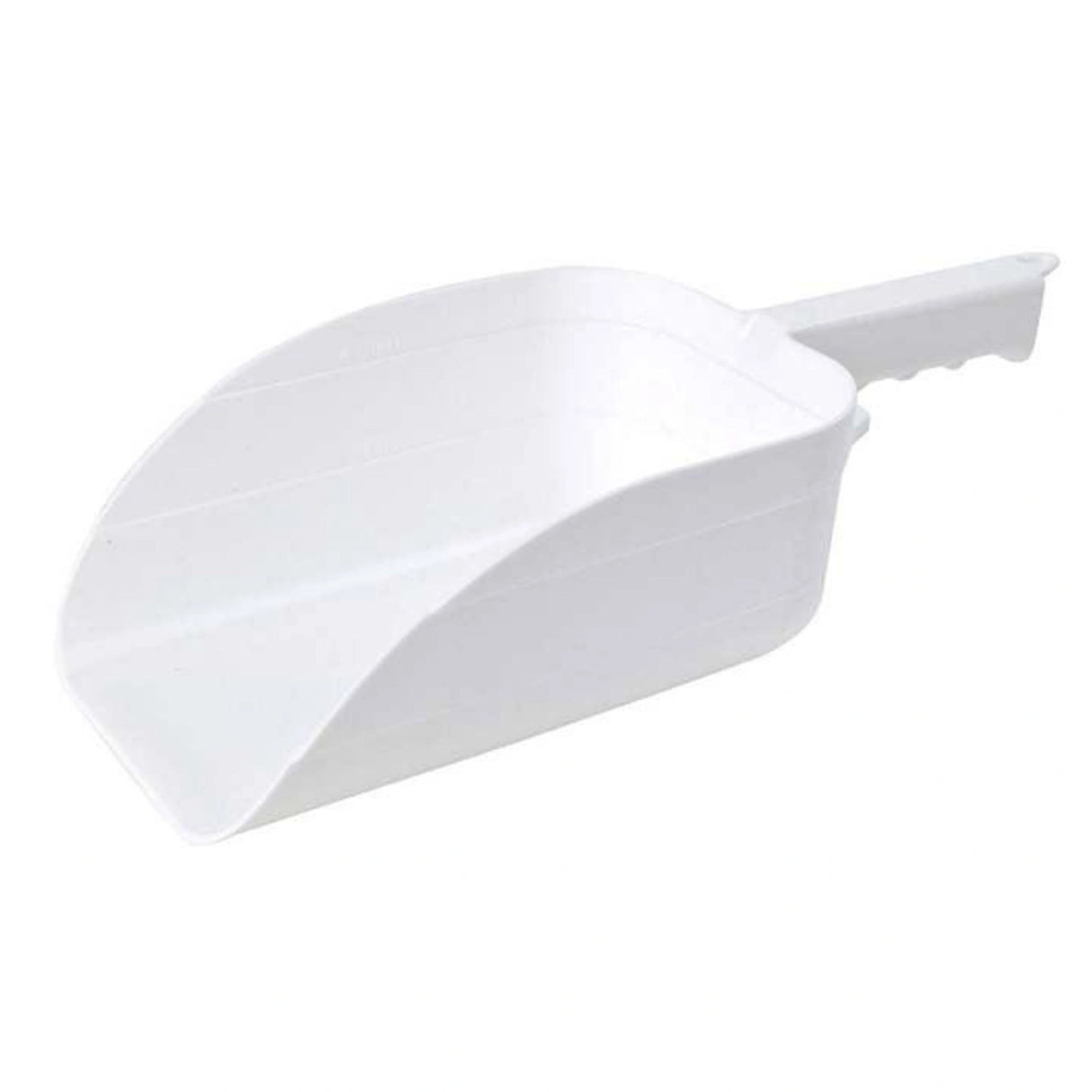 A front side view of White Pint Plastic Utility Scoop on a white background