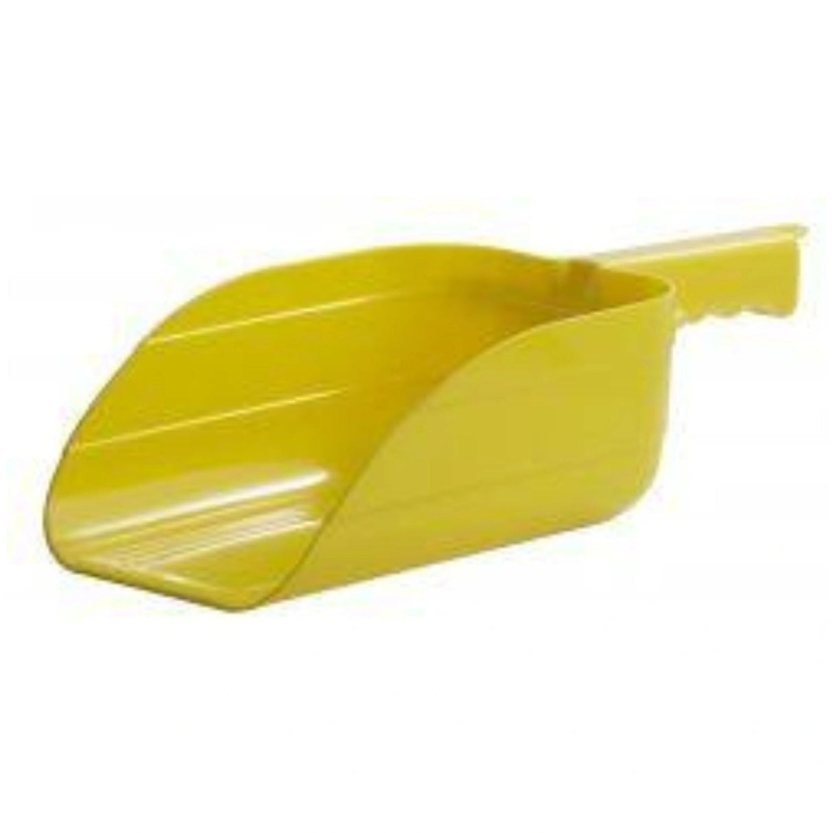 A front side view of Yellow 5 Pint Plastic Utility Scoop on a white background