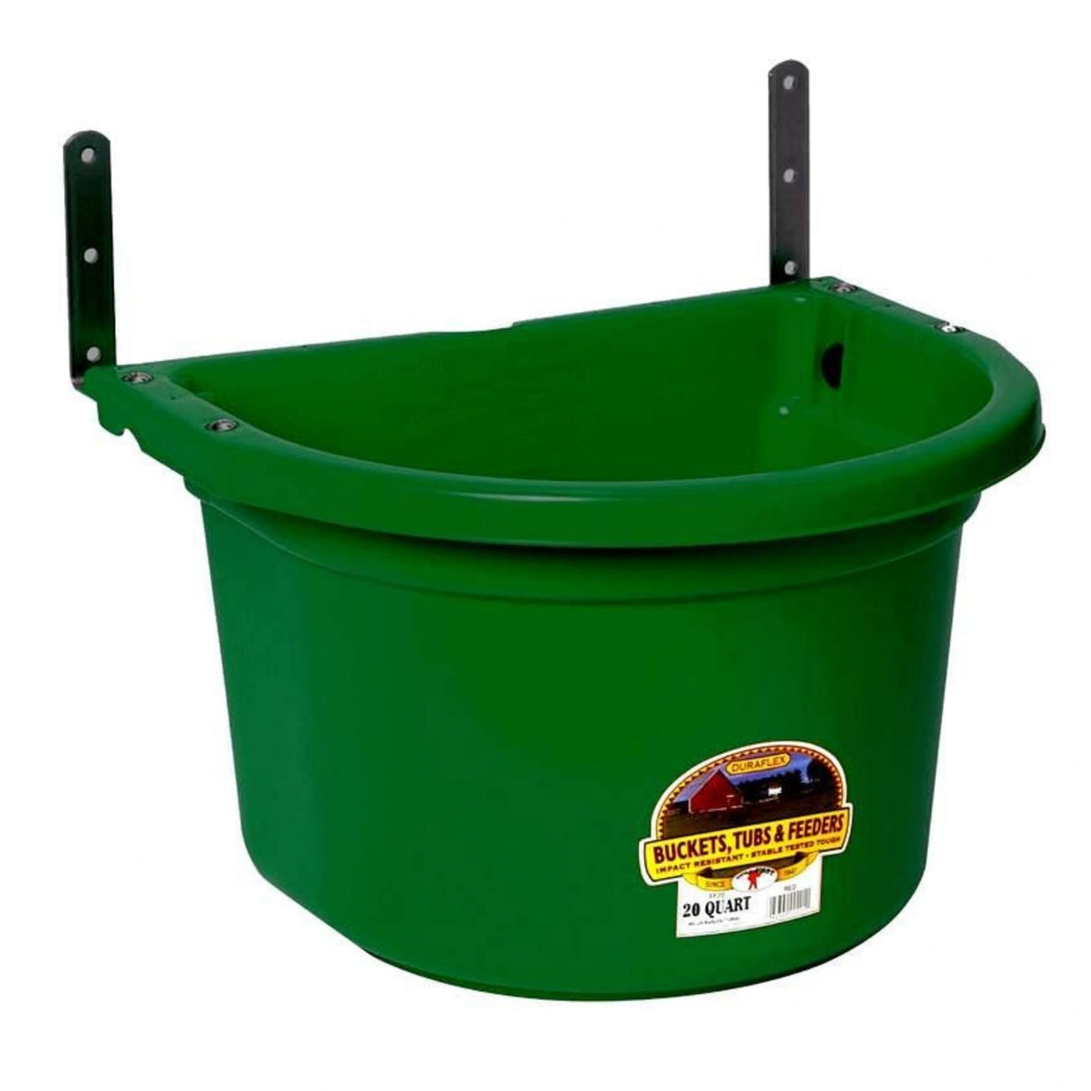 A front view of the Green 20 Quart Fence Feeder by Little Giant on a white background