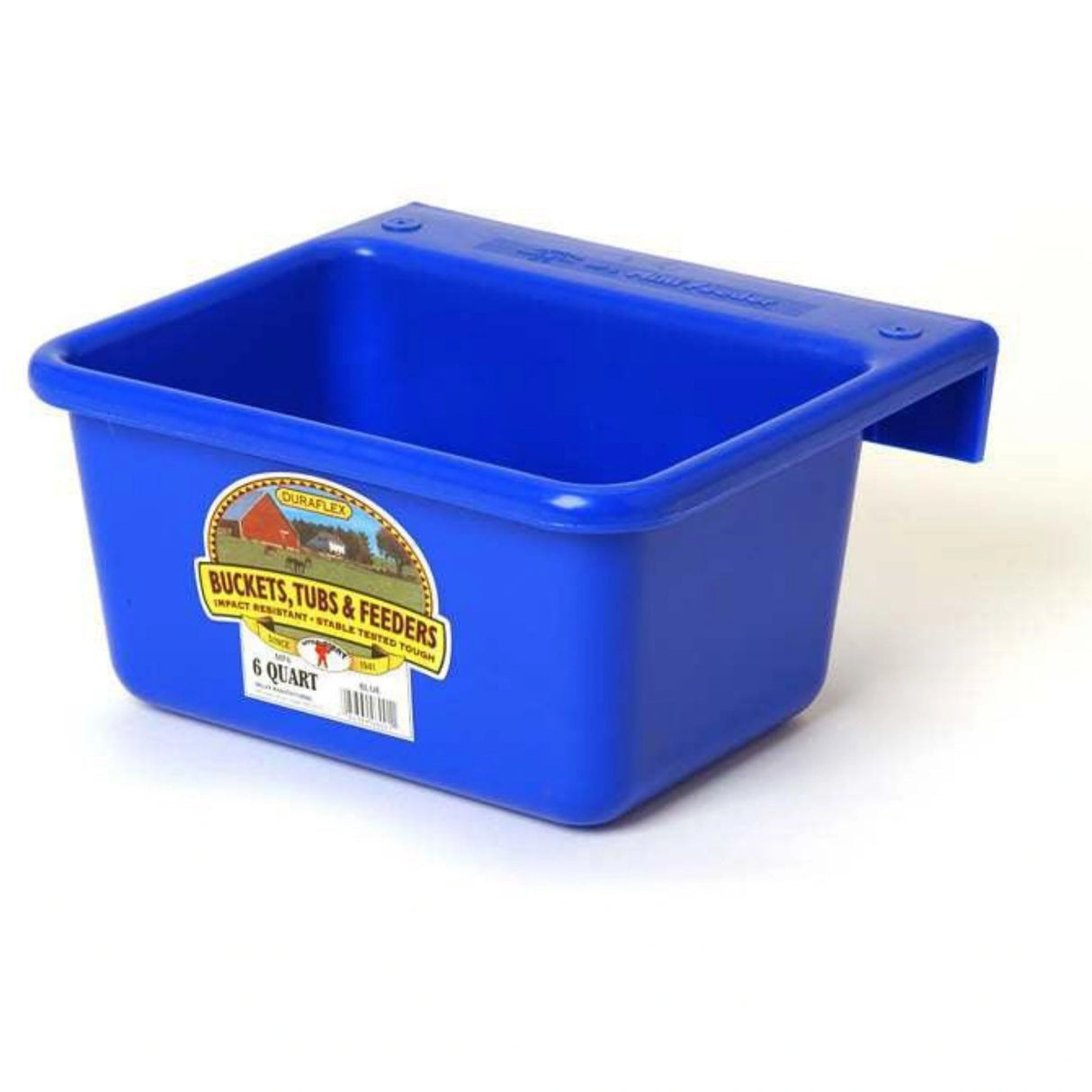 A front side view of Blue 6 Quart Plastic Mini Feeder on a white background