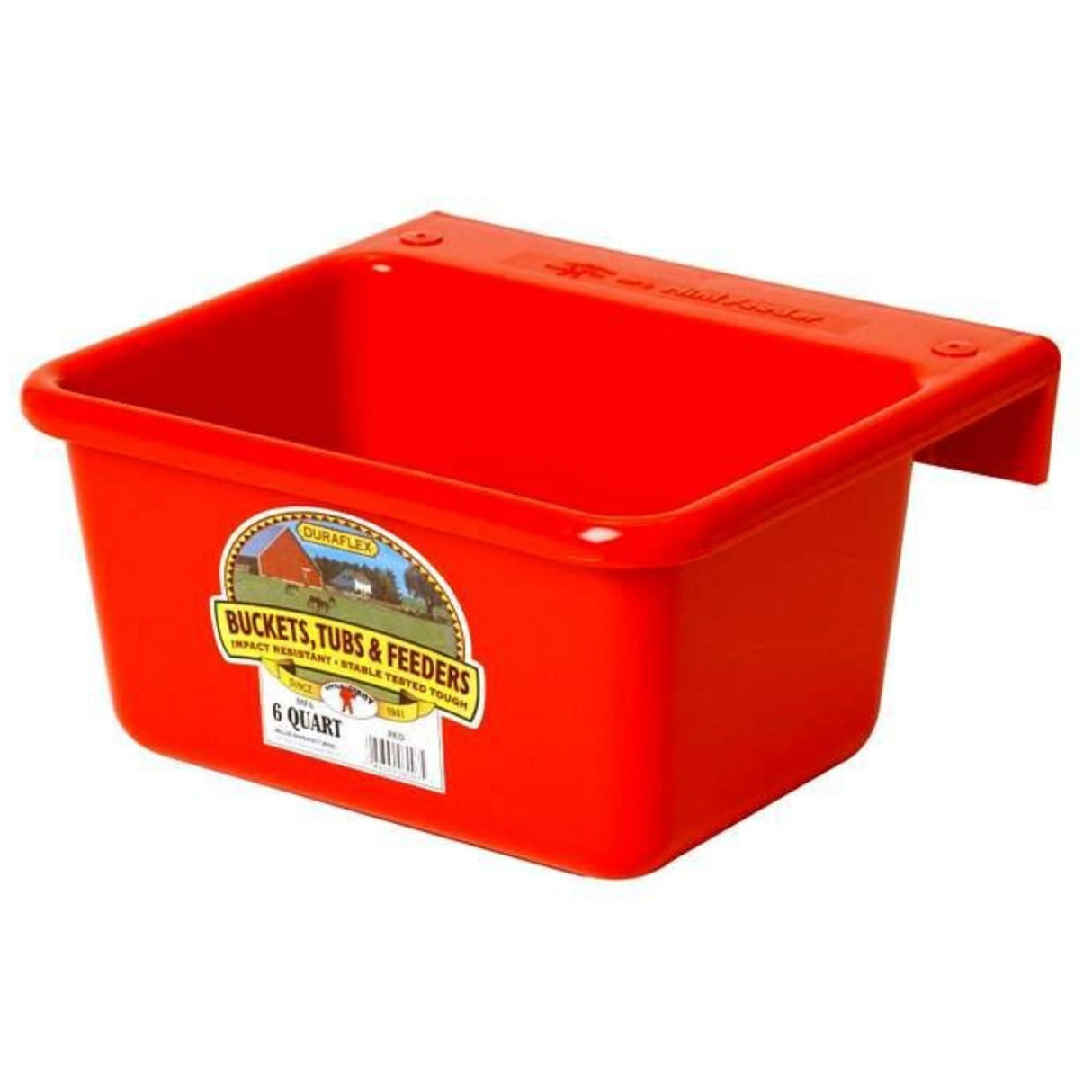 A front side view of Red 6 Quart Plastic Mini Feeder on a white background
