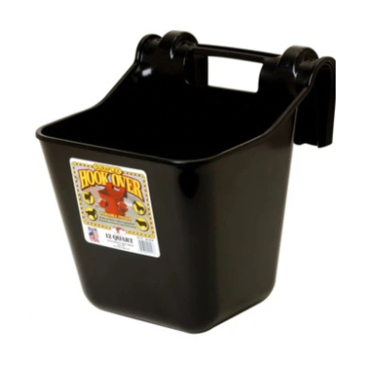 A front view of a black 12 Quart Plastic Hook Over Feeder on a white background