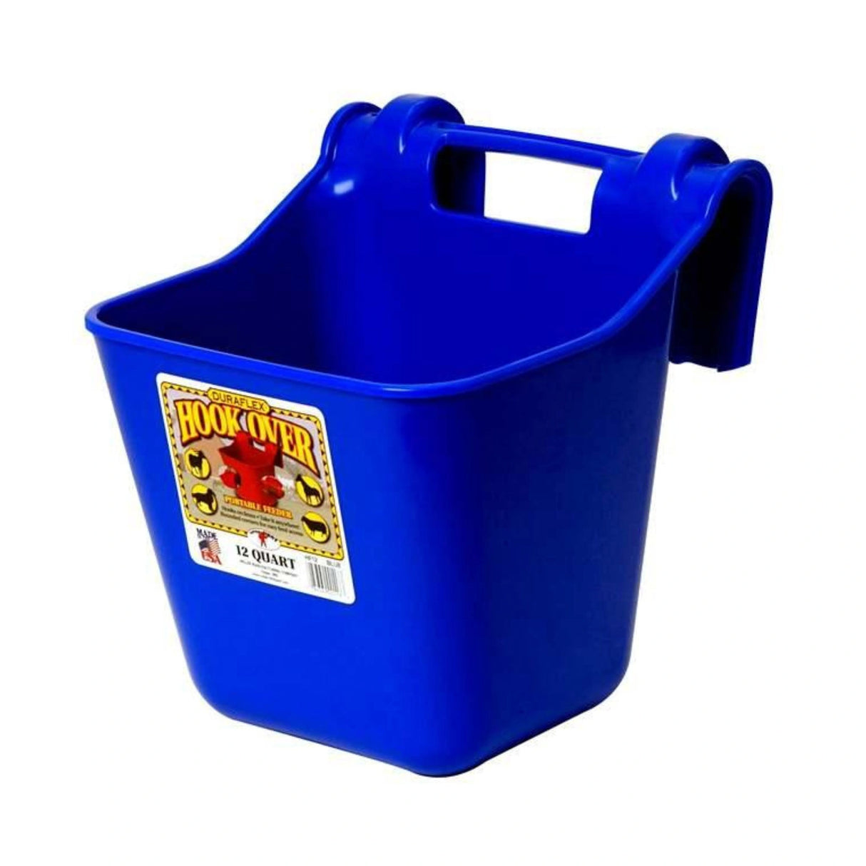 A front view of a blue 12 Quart Plastic Hook Over Feeder on a white background