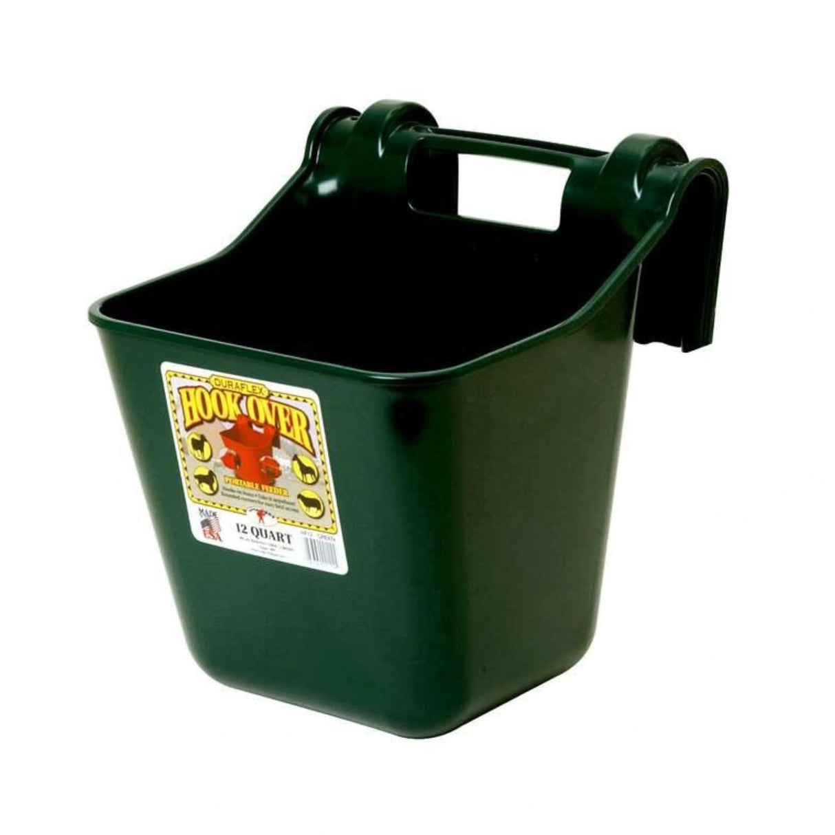 A front view of a green 12 Quart Plastic Hook Over Feeder on a white background