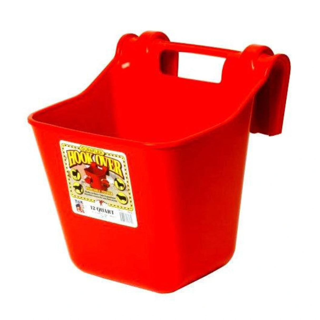 A front view of a red 12 Quart Plastic Hook Over Feeder on a white background
