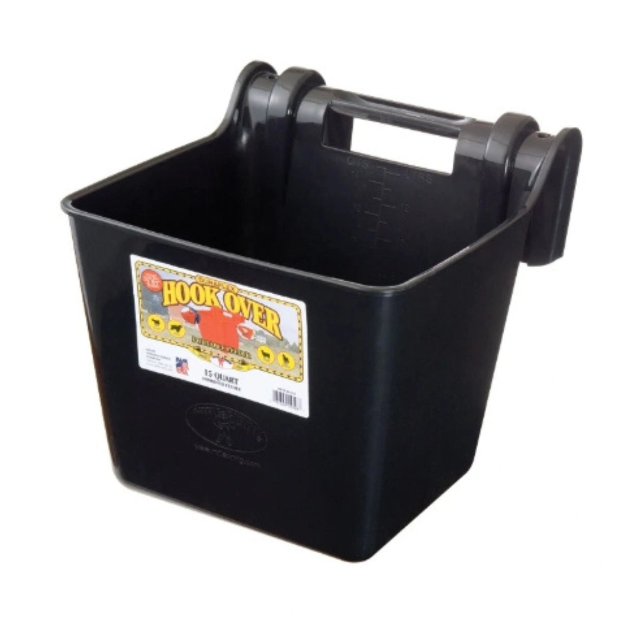 A front view of a black 15-quart hook-over feeder on a white background
