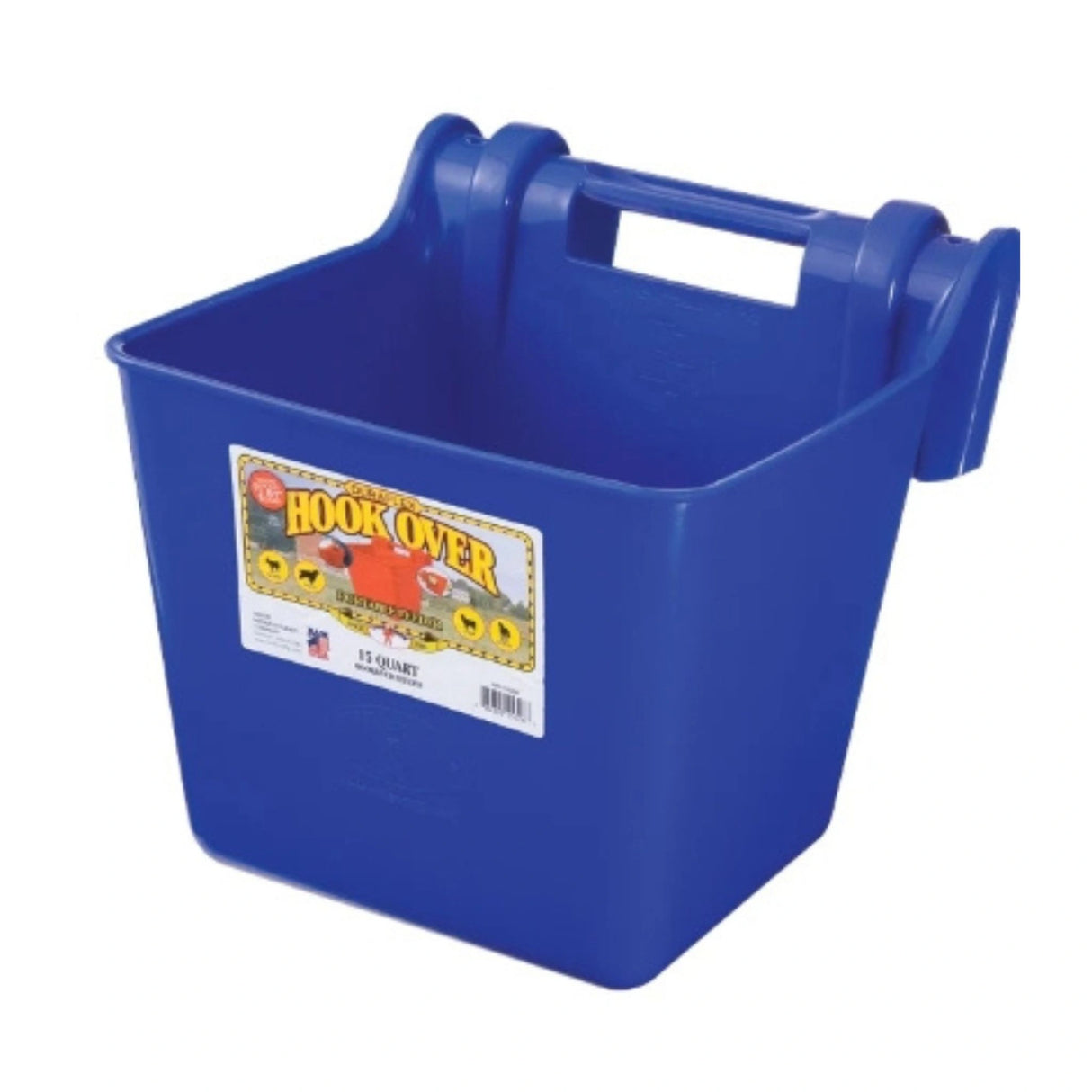 A front view of a blue 15-quart hook-over feeder on a white background