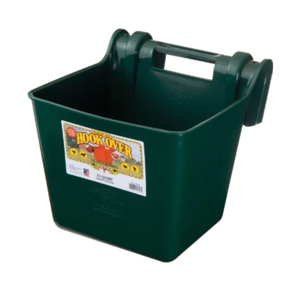 A front view of a green 15-quart hook-over feeder on a white background