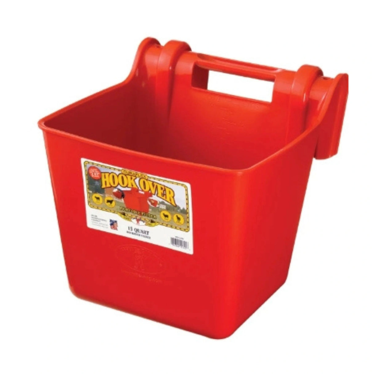 A front view of a red 15-quart hook-over feeder on a white background