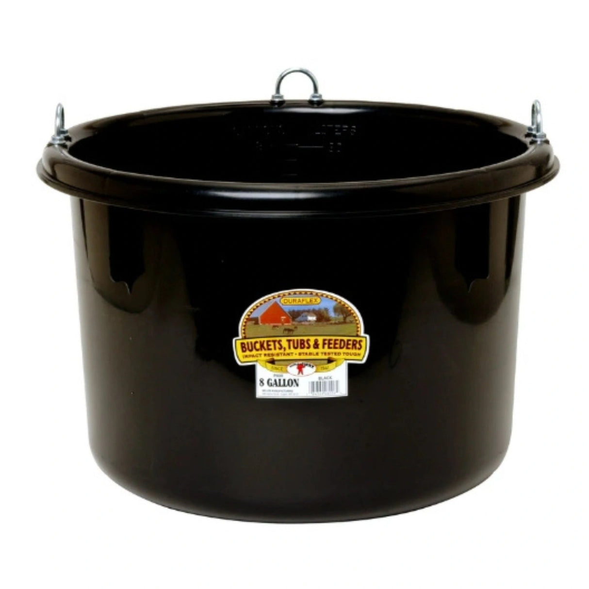 A front view of a Black 8 Gallon Plastic Round Feeder on a white background