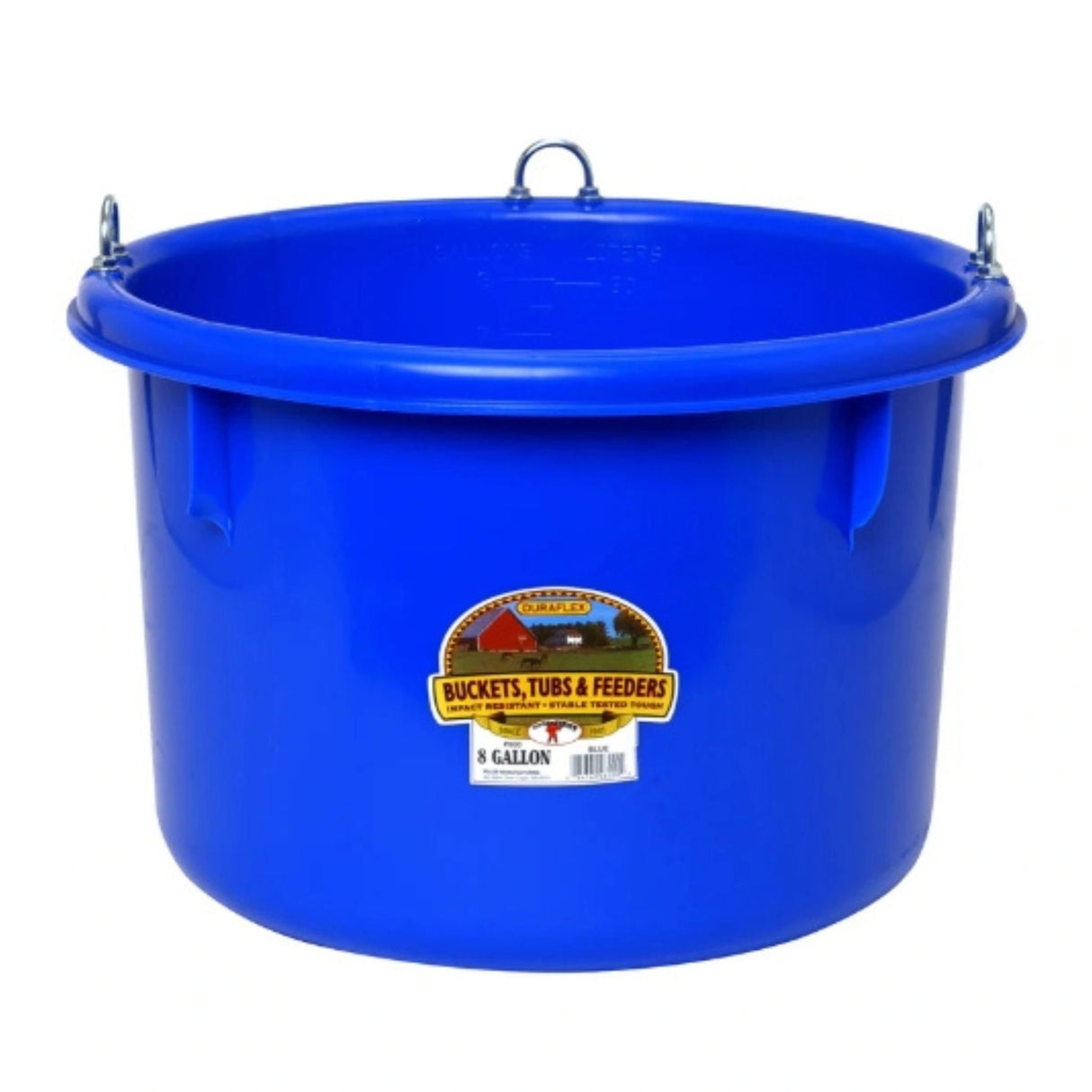 A front view of a Blue 8 Gallon Plastic Round Feeder on a white background
