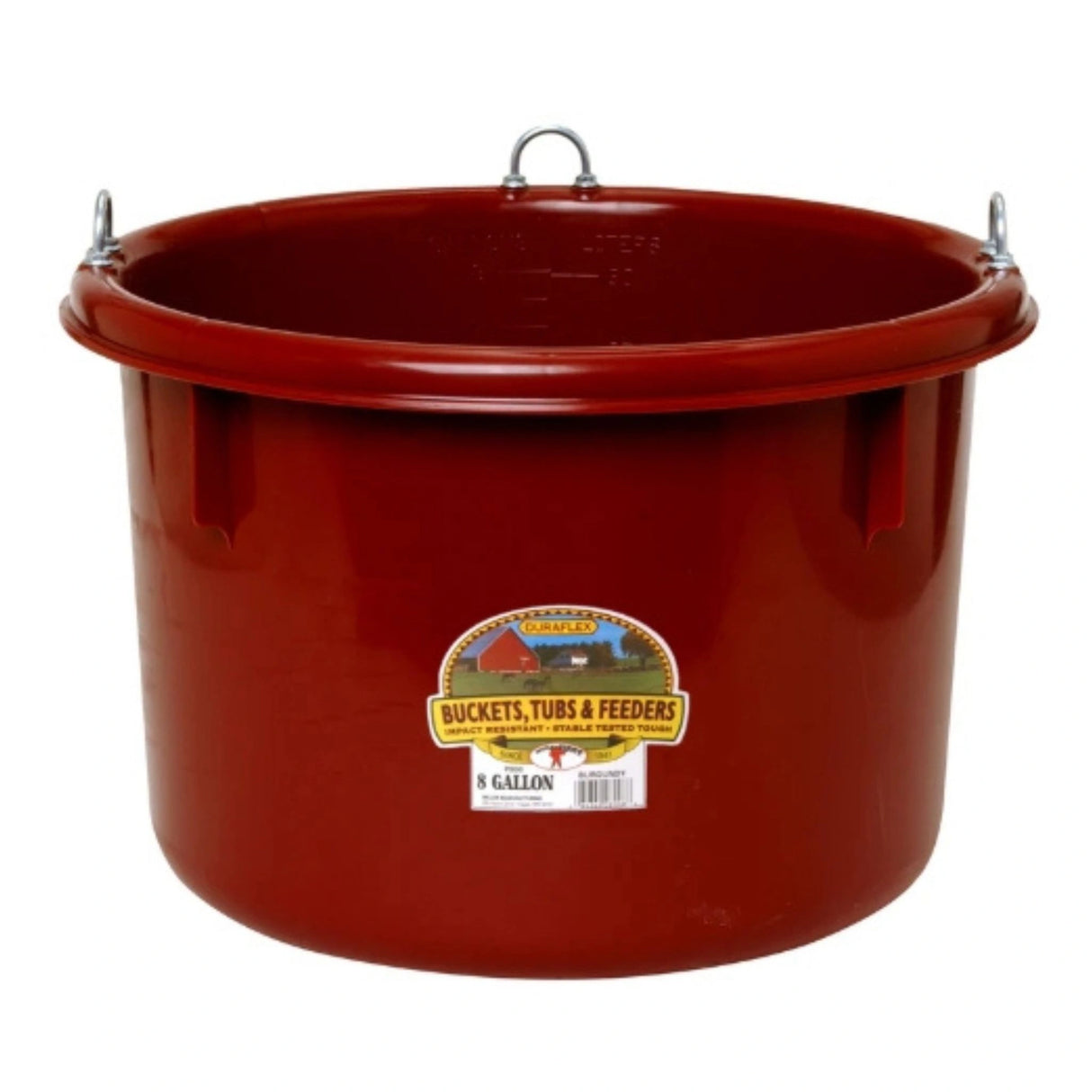 A front view of a Burgundy 8 Gallon Plastic Round Feeder on a white background