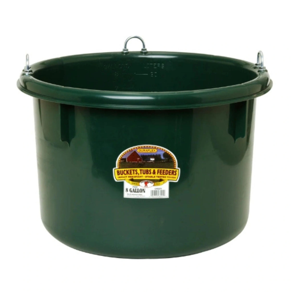 A front view of a Green 8 Gallon Plastic Round Feeder on a white background