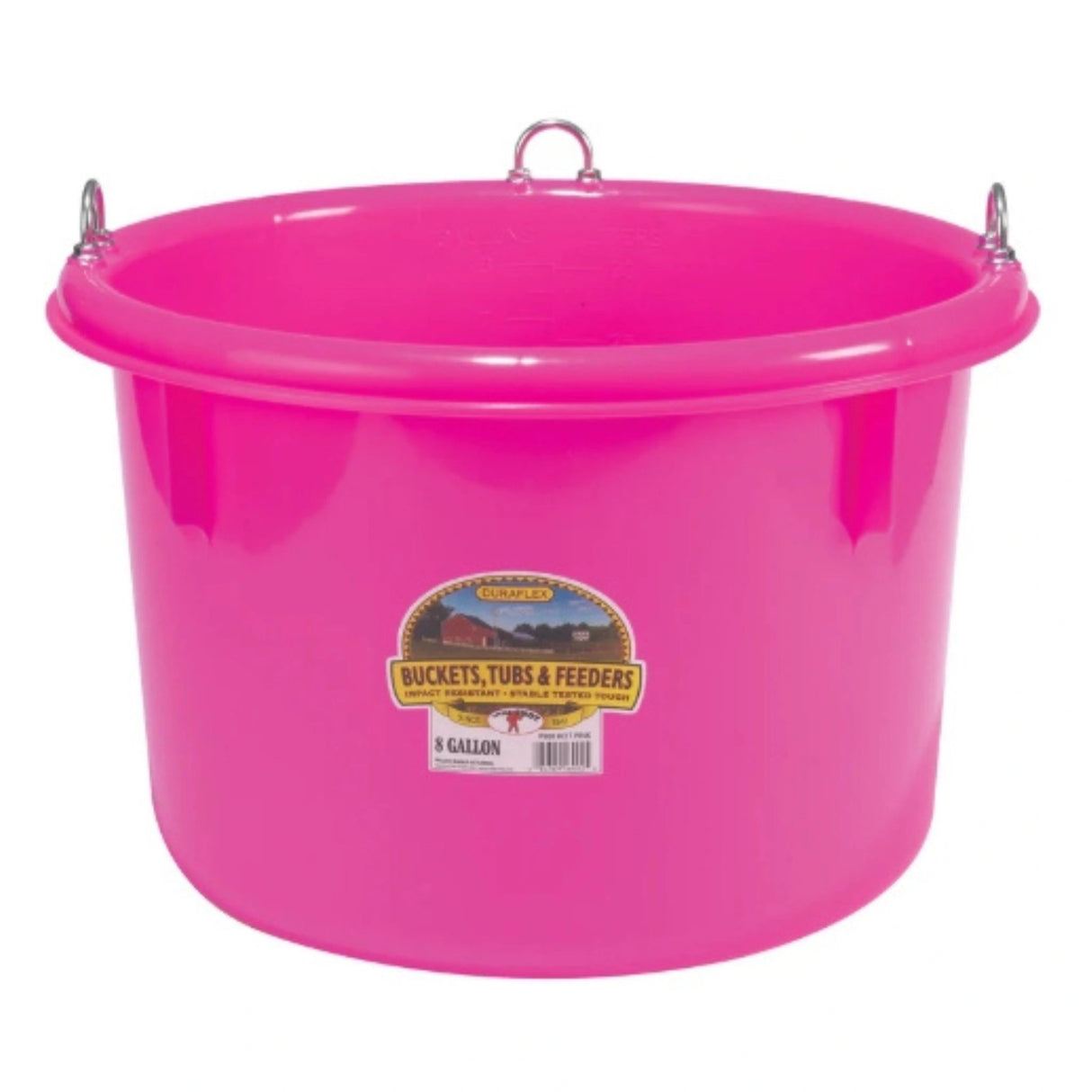 A front view of a Hot Pink 8 Gallon Plastic Round Feeder on a white background