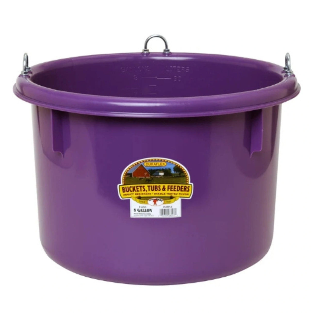 A front view of a Purple 8 Gallon Plastic Round Feeder on a white background