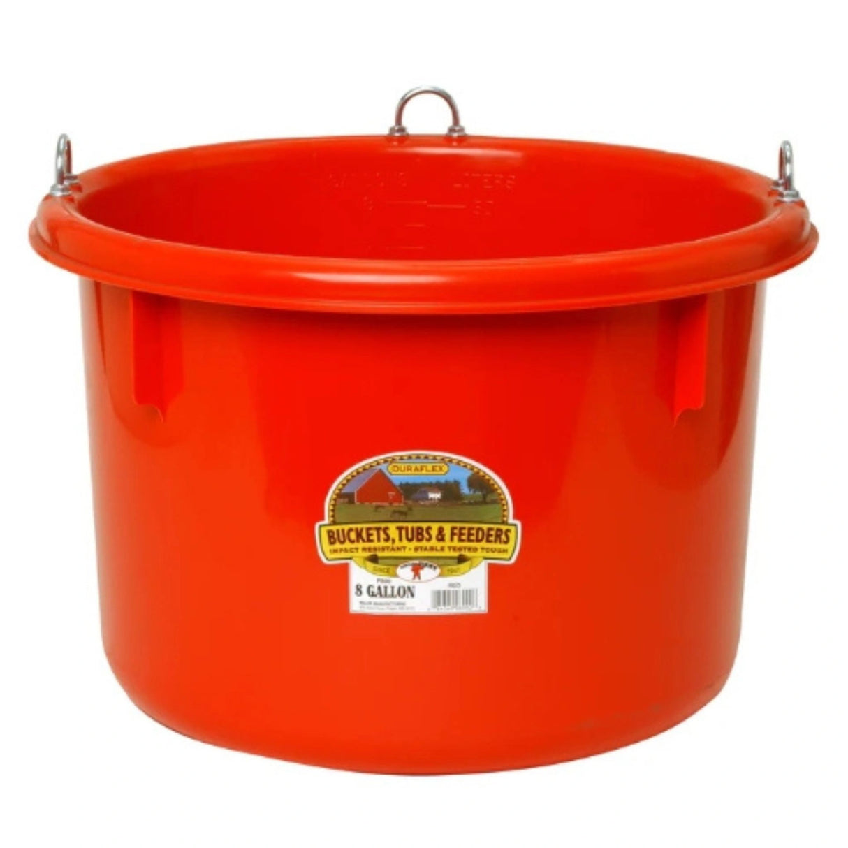 A front view of a Red 8 Gallon Plastic Round Feeder on a white background