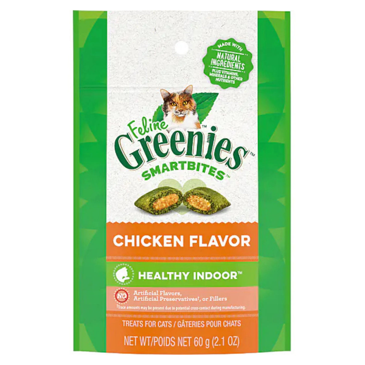Front view of Feline Greenies SmartBites Healthy Chicken Cat Treats on a white background