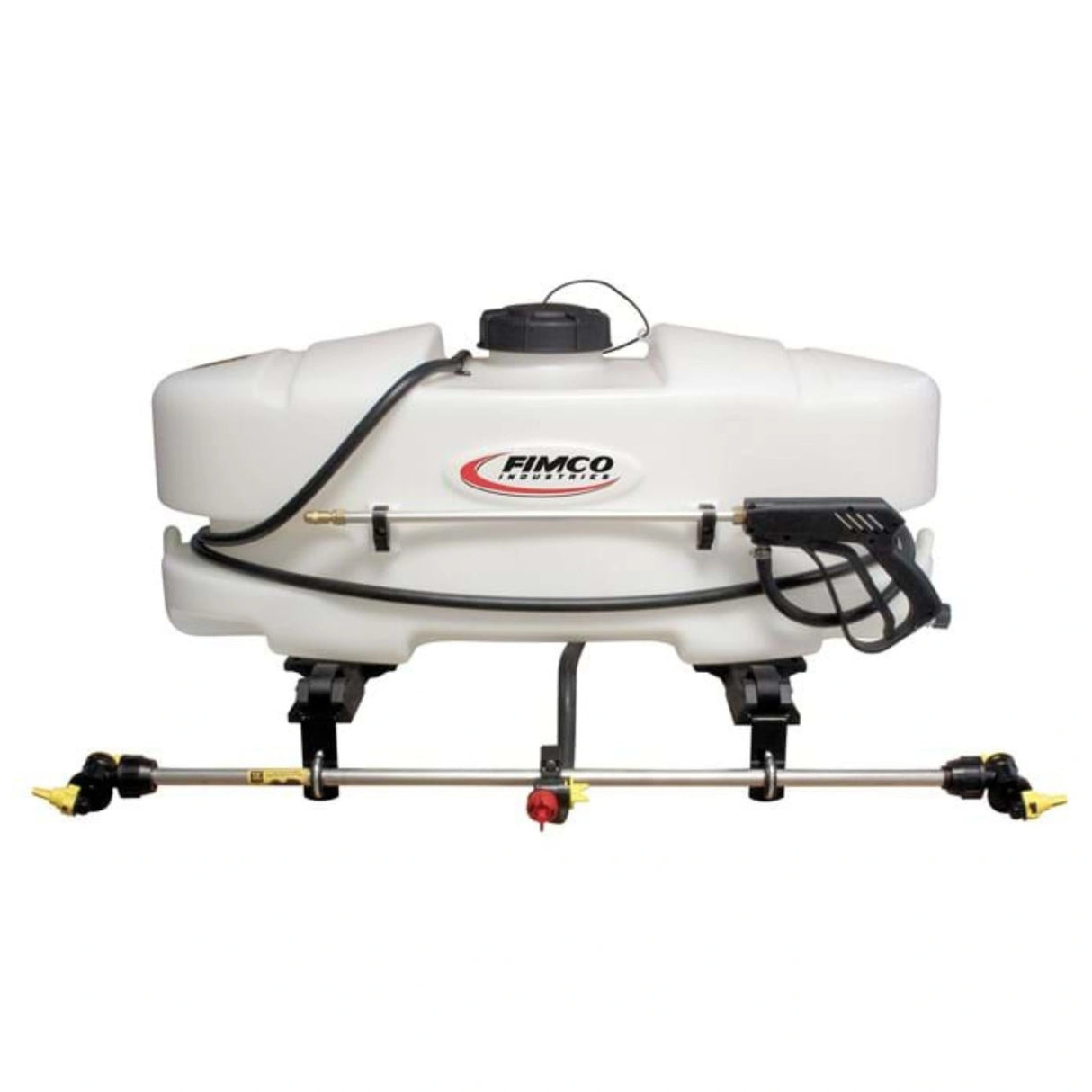 A front view of ATV Sprayer 25 Gallon 3 Nozzle Boomless Broadcast on a white background