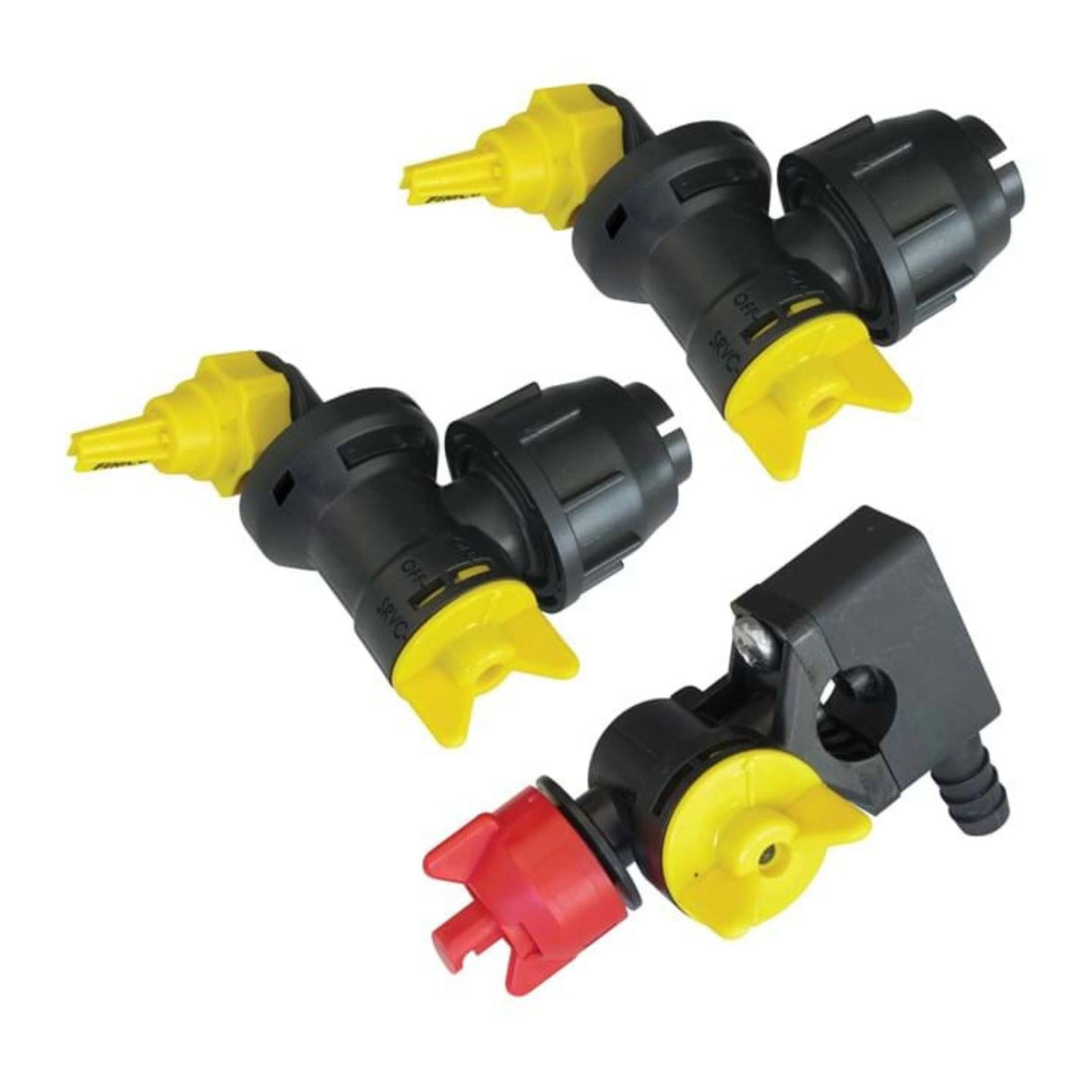 A front view of ATV Sprayer 25 Gallon 3 Nozzle Boomless Broadcast Nozzle on a white background