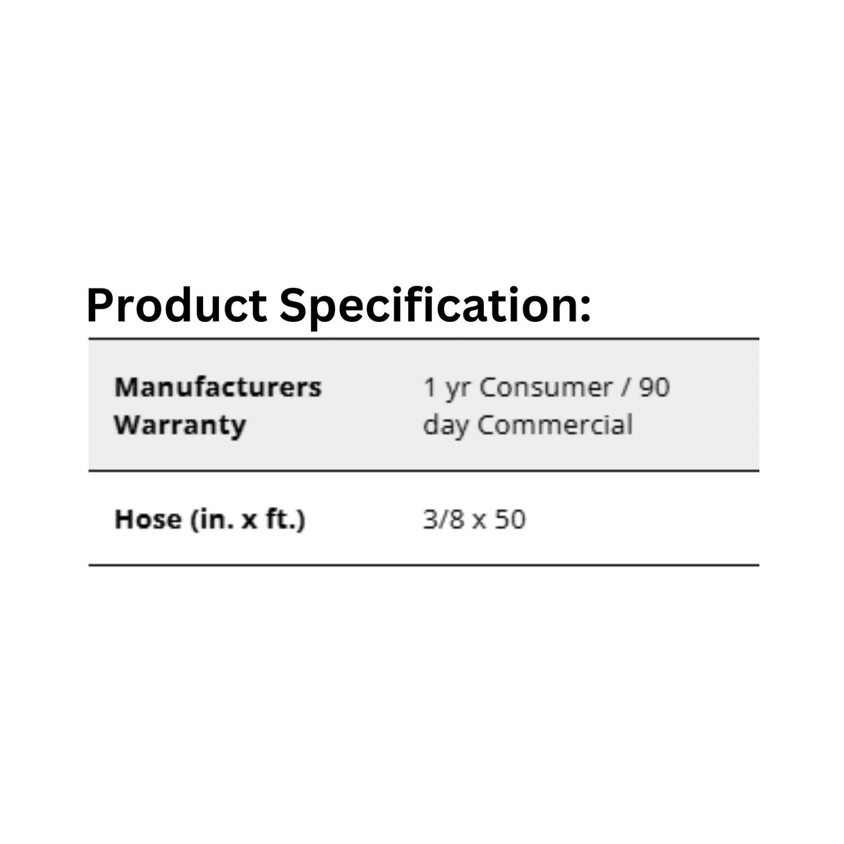 A product specification of 3/8" 50 ft. Hose for 45/65 UTV Sprayer Hose Reel Attachment
