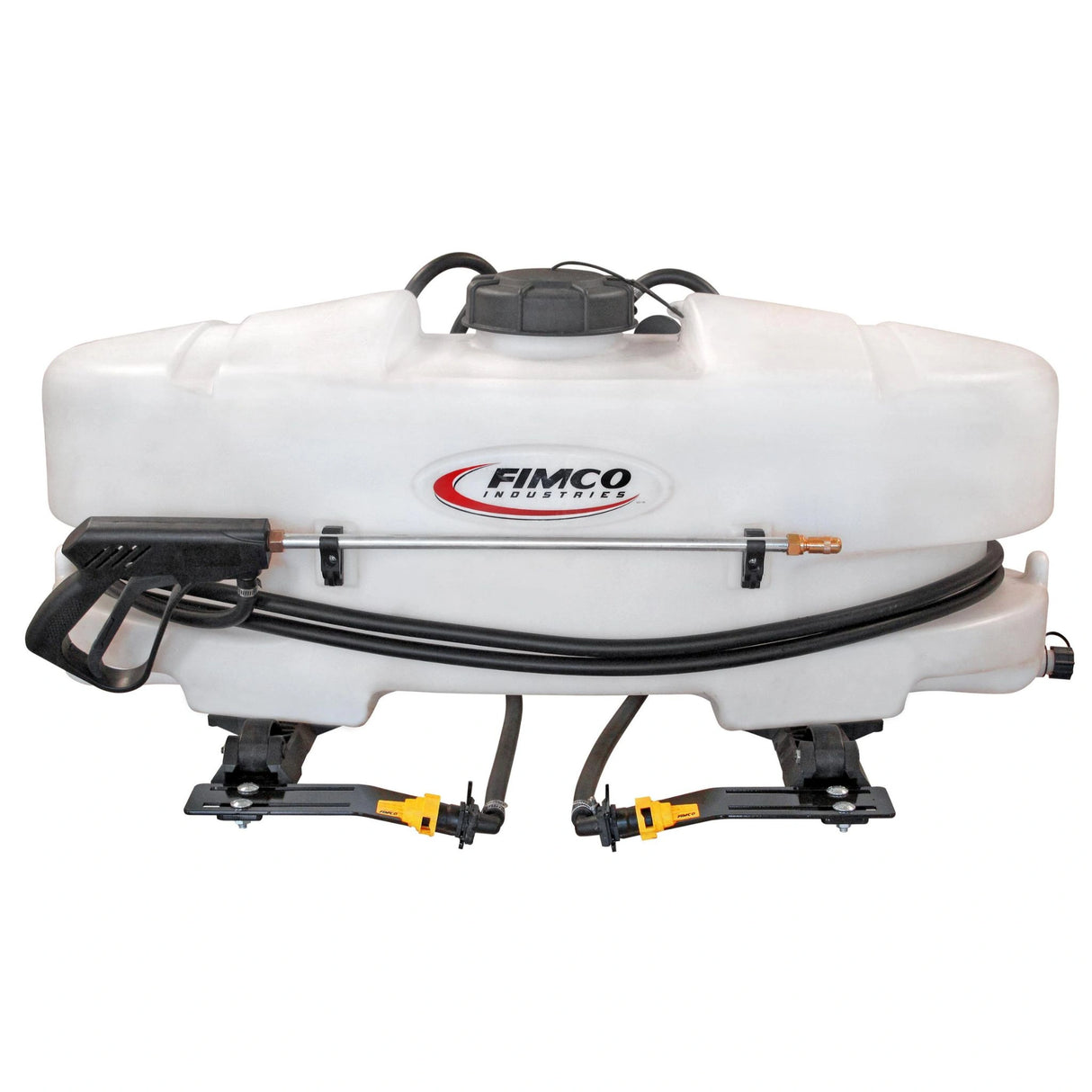 A front view of ATV Sprayer 25 Gallon 2 Nozzle Broadcast Boom on a white background