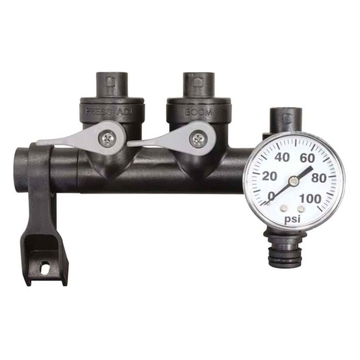 A front view of ATV Sprayer 25 Gallon 2 Nozzle Broadcast Boom Quick Connect Manifold on a white background